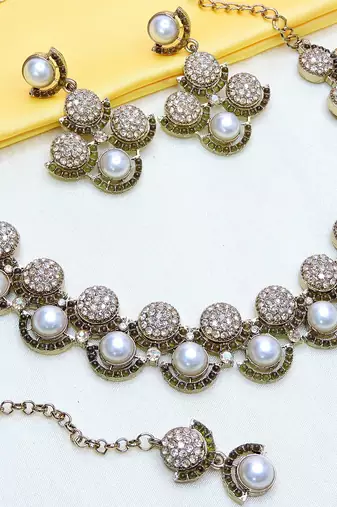 Green yellow gold premium designer american diamond and stone work necklace set