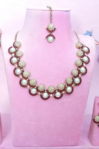 Maroon yellow gold premium designer american diamond and stone work necklace set