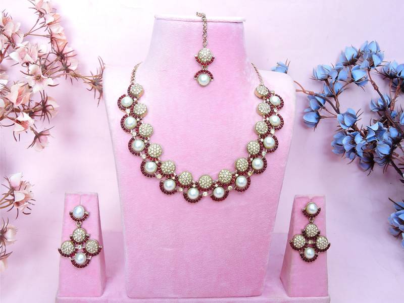 Maroon yellow gold premium designer american diamond and stone work necklace set