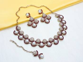 Maroon yellow gold premium designer american diamond and stone work necklace set 2
