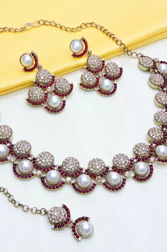 Maroon yellow gold premium designer american diamond and stone work necklace set