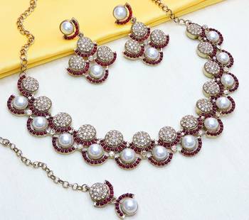 Maroon yellow gold premium designer american diamond and stone work necklace set 3