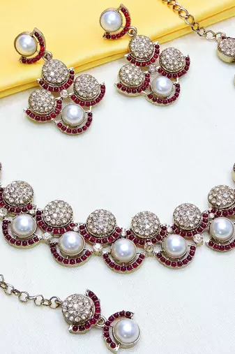 Maroon yellow gold premium designer american diamond and stone work necklace set