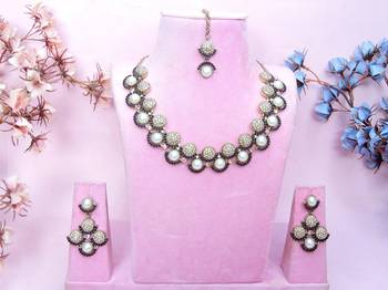 Blue yellow gold premium designer american diamond and stone work necklace set 1
