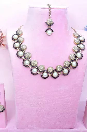 Blue yellow gold premium designer american diamond and stone work necklace set