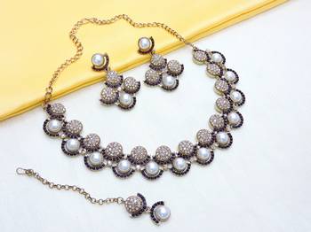 Blue yellow gold premium designer american diamond and stone work necklace set 2