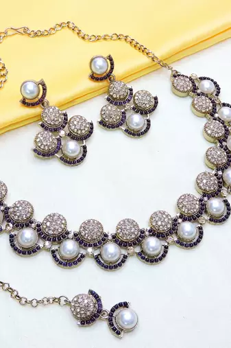 Blue yellow gold premium designer american diamond and stone work necklace set
