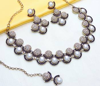 Blue yellow gold premium designer american diamond and stone work necklace set 3