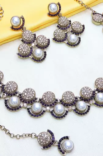 Blue yellow gold premium designer american diamond and stone work necklace set