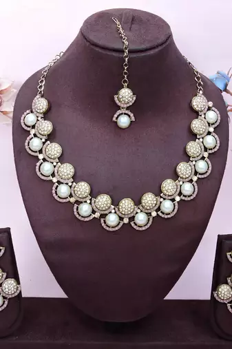 Pink yellow gold premium designer american diamond and stone work necklace set