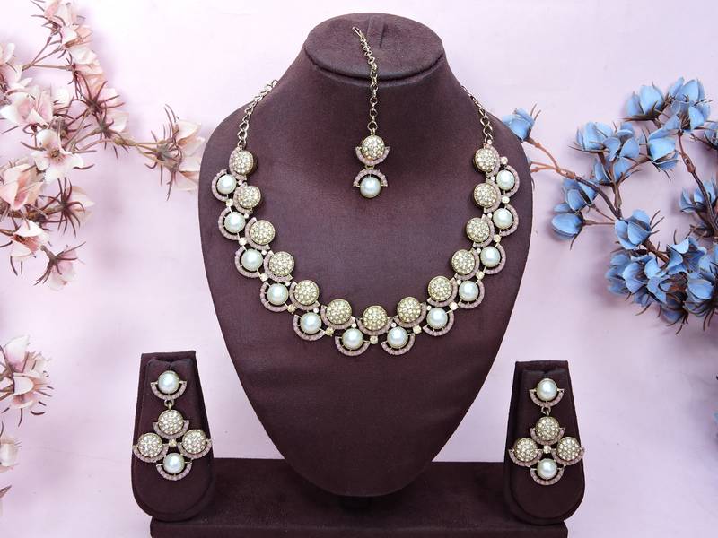 Pink yellow gold premium designer american diamond and stone work necklace set