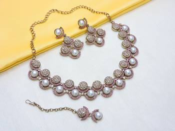 Pink yellow gold premium designer american diamond and stone work necklace set 2