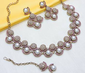 Pink yellow gold premium designer american diamond and stone work necklace set 3