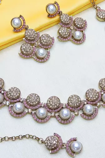 Pink yellow gold premium designer american diamond and stone work necklace set