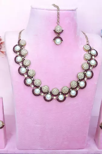 Purple yellow gold premium designer american diamond and stone work necklace set