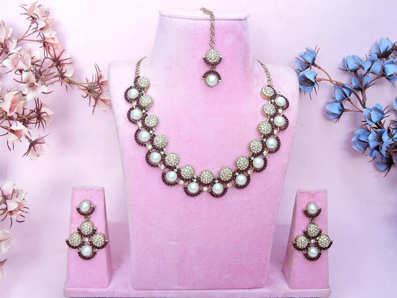 Purple yellow gold premium designer american diamond and stone work necklace set