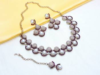 Purple yellow gold premium designer american diamond and stone work necklace set 2
