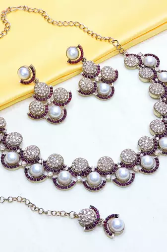 Purple yellow gold premium designer american diamond and stone work necklace set