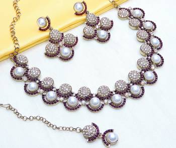 Purple yellow gold premium designer american diamond and stone work necklace set 3