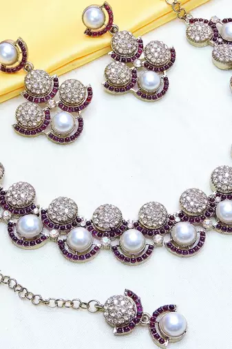 Purple yellow gold premium designer american diamond and stone work necklace set