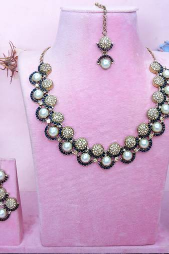 Blue yellow gold premium designer american diamond and stone work necklace set