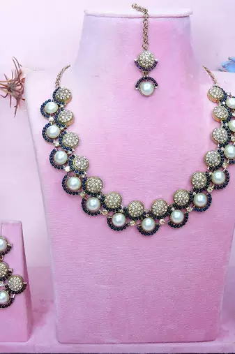 Blue yellow gold premium designer american diamond and stone work necklace set