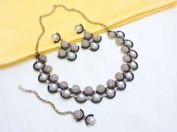 Blue yellow gold premium designer american diamond and stone work necklace set 2