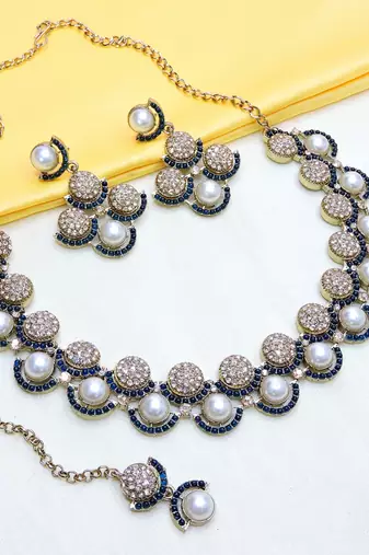Blue yellow gold premium designer american diamond and stone work necklace set