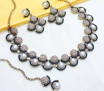 Blue yellow gold premium designer american diamond and stone work necklace set 3