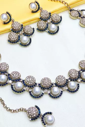 Blue yellow gold premium designer american diamond and stone work necklace set