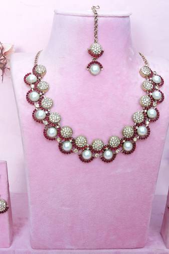 Pink yellow gold premium designer american diamond and stone work necklace set