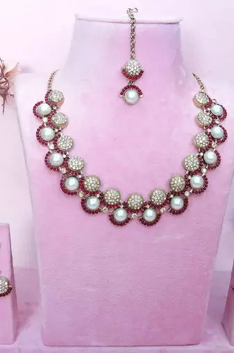 Pink yellow gold premium designer american diamond and stone work necklace set