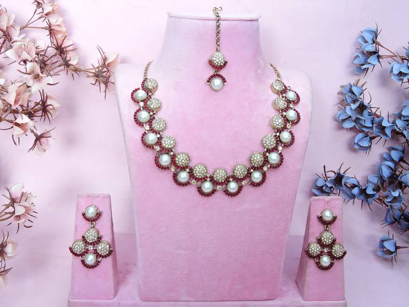 Pink yellow gold premium designer american diamond and stone work necklace set