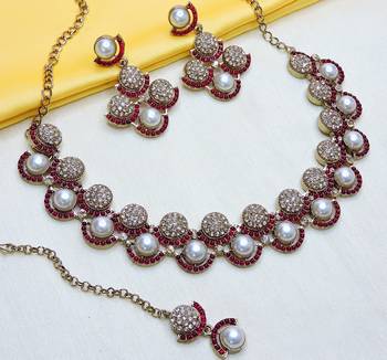 Pink yellow gold premium designer american diamond and stone work necklace set 2