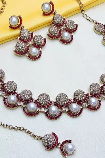 Pink yellow gold premium designer american diamond and stone work necklace set
