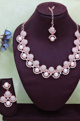 White rose gold premium designer american diamond and stone work necklace set