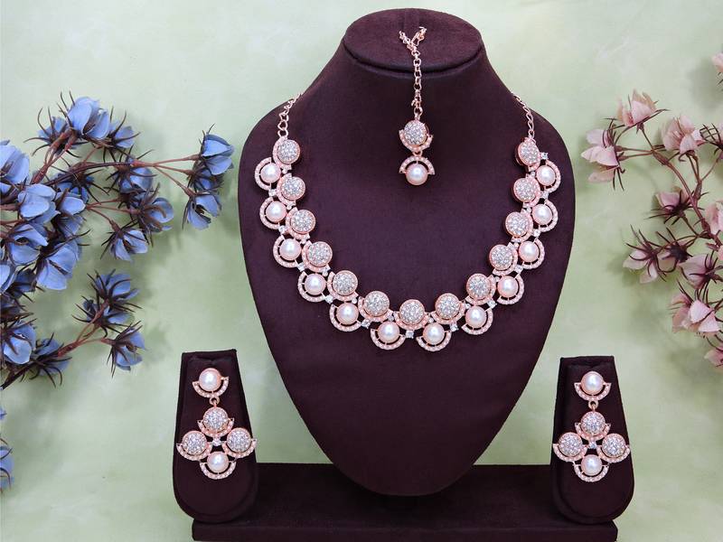 White rose gold premium designer american diamond and stone work necklace set