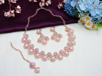 White rose gold premium designer american diamond and stone work necklace set 2