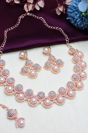 White rose gold premium designer american diamond and stone work necklace set