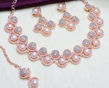 White rose gold premium designer american diamond and stone work necklace set 3