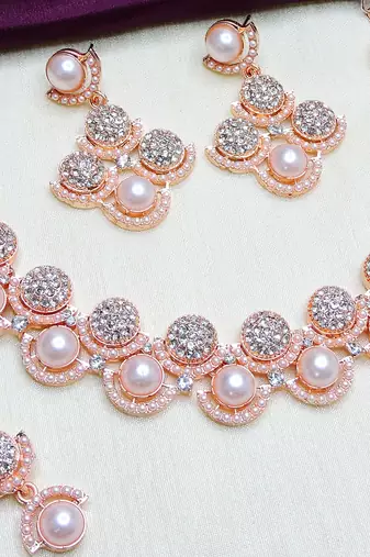 White rose gold premium designer american diamond and stone work necklace set