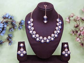 Blue rose gold premium designer american diamond and stone work necklace set 1