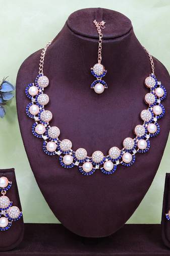 Blue rose gold premium designer american diamond and stone work necklace set