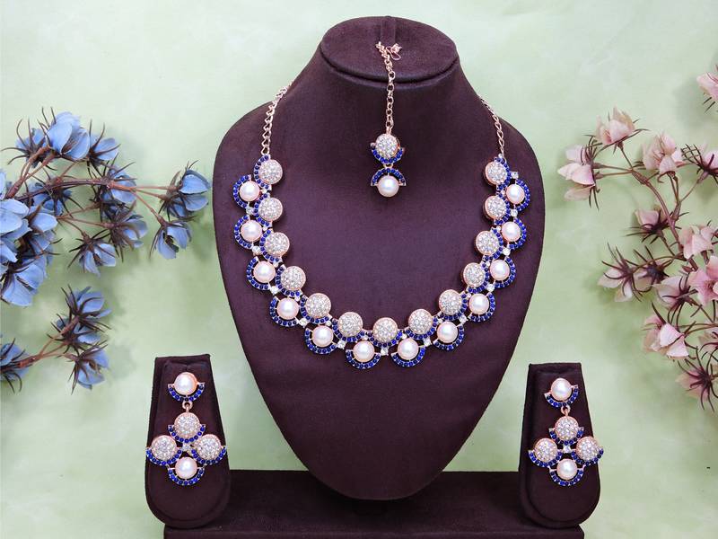 Blue rose gold premium designer american diamond and stone work necklace set