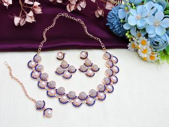 Blue rose gold premium designer american diamond and stone work necklace set 2