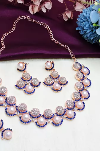 Blue rose gold premium designer american diamond and stone work necklace set