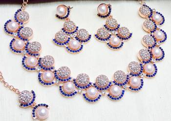 Blue rose gold premium designer american diamond and stone work necklace set 3