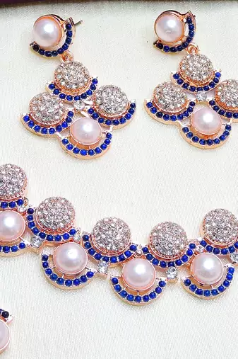 Blue rose gold premium designer american diamond and stone work necklace set