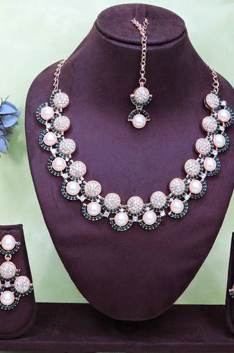 Green rose gold premium designer american diamond and stone work necklace set