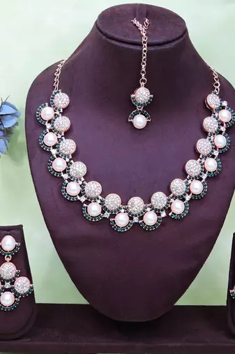 Green rose gold premium designer american diamond and stone work necklace set